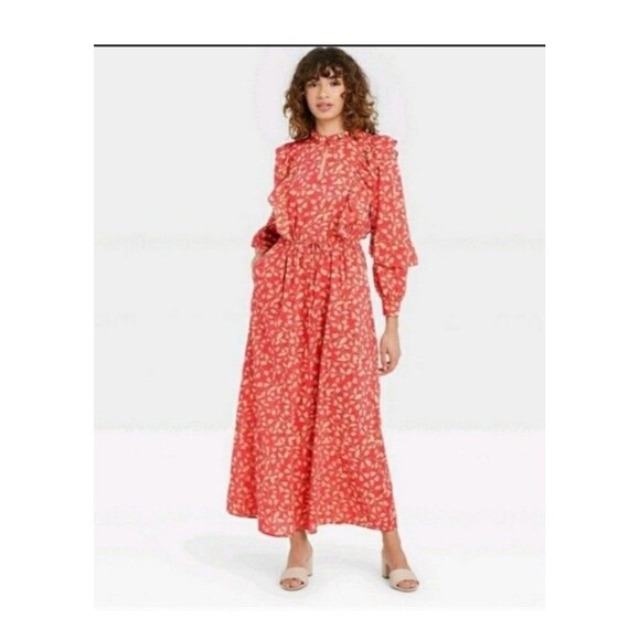 Who What Wear Women Dress Extra Large Red Floral Cotton Blend Ruffle Modest Long - Picture 1 of 10